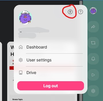 screenshot of profile menu with accessibility icon circled in red.