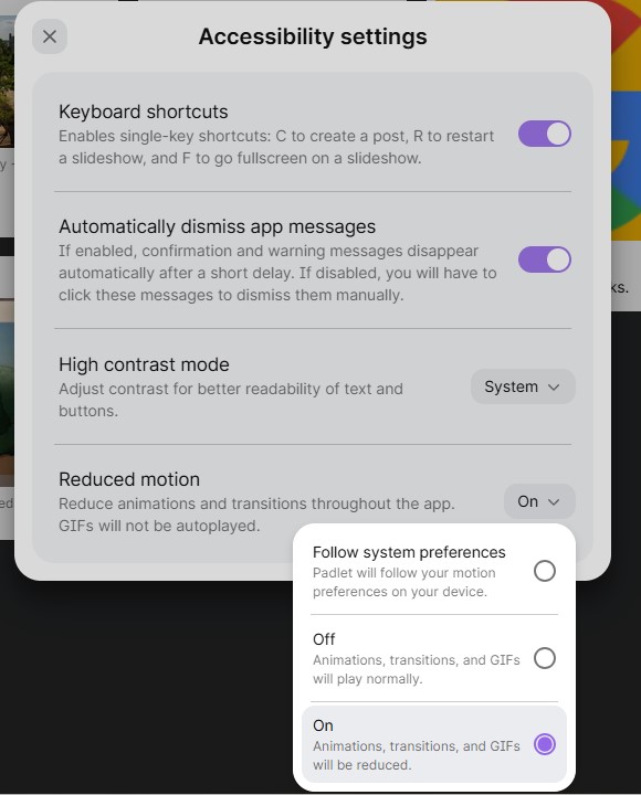 screenshot of accessibility settings with reduced motion option set to ON