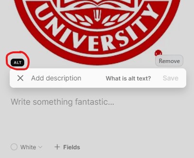screenshot of an uploaded image with the alt button circled in red, and a dialog with Add Description field.