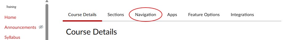 Screenshot of Course Details with Navigation option circled in red.