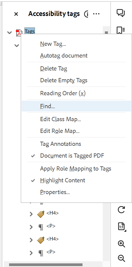 Screenshot of Tags Pane with Tags selected and Find selected from list of options.