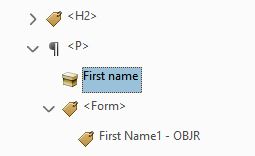 Screenshot of document with Find Element dialog box open with type changed to Middle Initial1 and the Middle Initial Form control is highlighted.