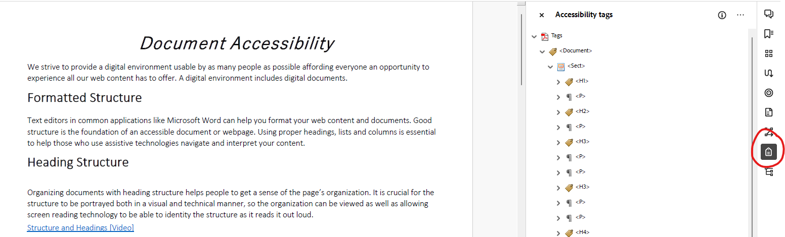 Screenshot of Adobe Acrobat with the Accessibility Tags Tree open and the tags icon circled in red.