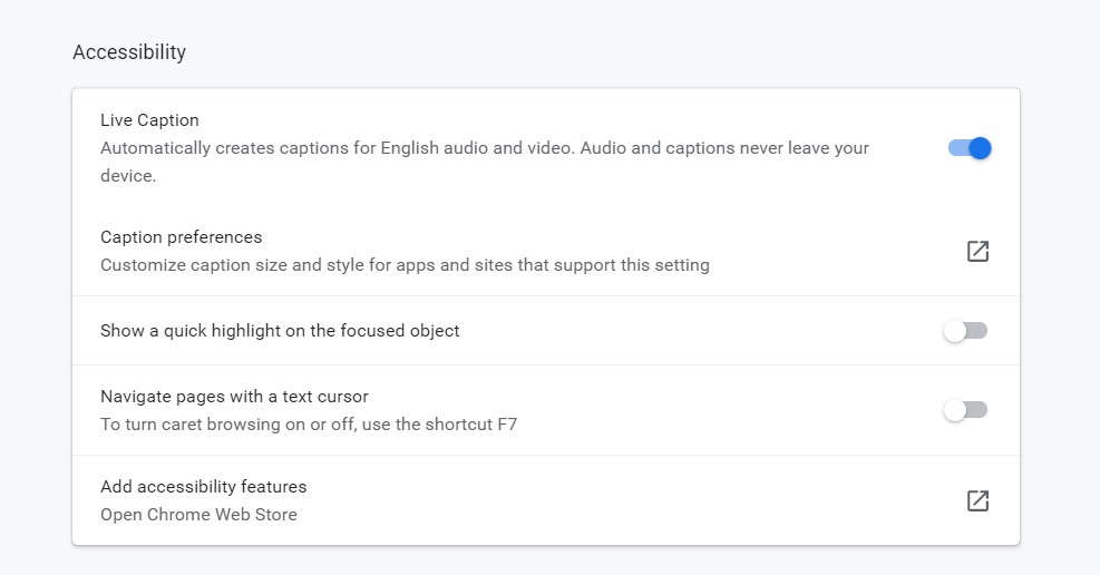 Screenshot of the Accessibility section with Live Captions option checked.