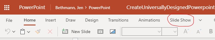 Screenshot of Office 365 tool ribbon with Slide Show option circled.
