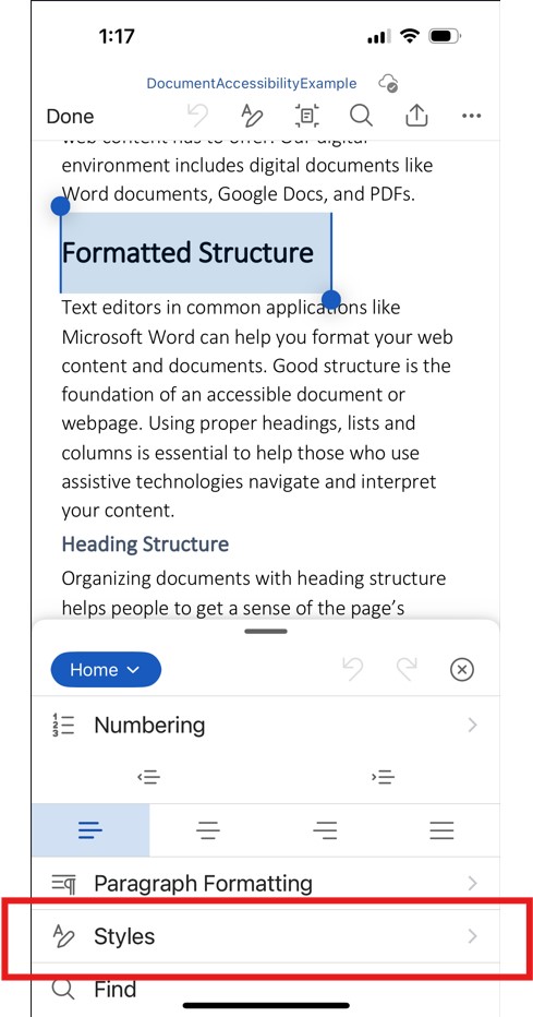 Screenshot of word mobile formatting options with Styles option highlighted