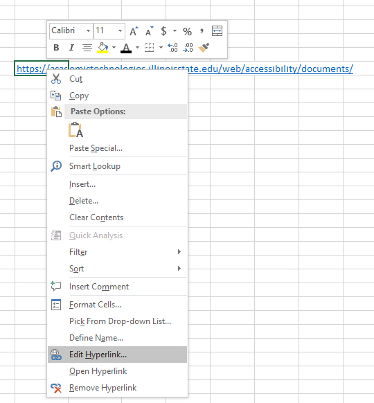 Screenshot of excel spreadsheet with long URL hyperlink, the dropdown menu open with Edit Hyperlink selected.