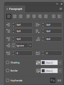 Screenshot of Paragraph Panel with Hyphenate check box unchecked.