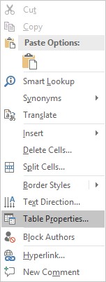 Screen shot of Dropdown menu with Table Properties selected.