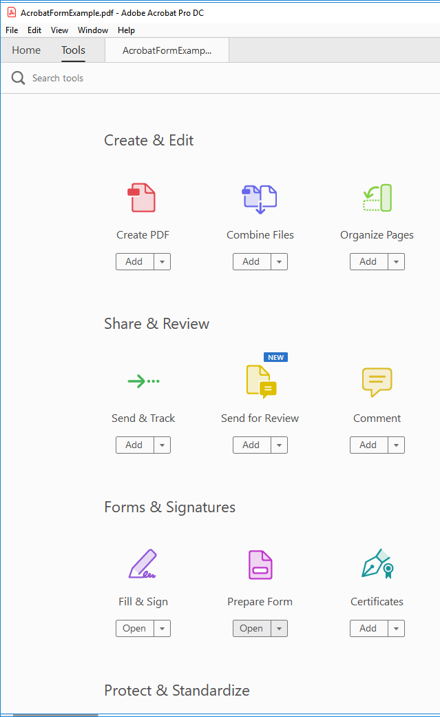 Screenshot of Acrobat Tools Tab with Prepare Form selected.