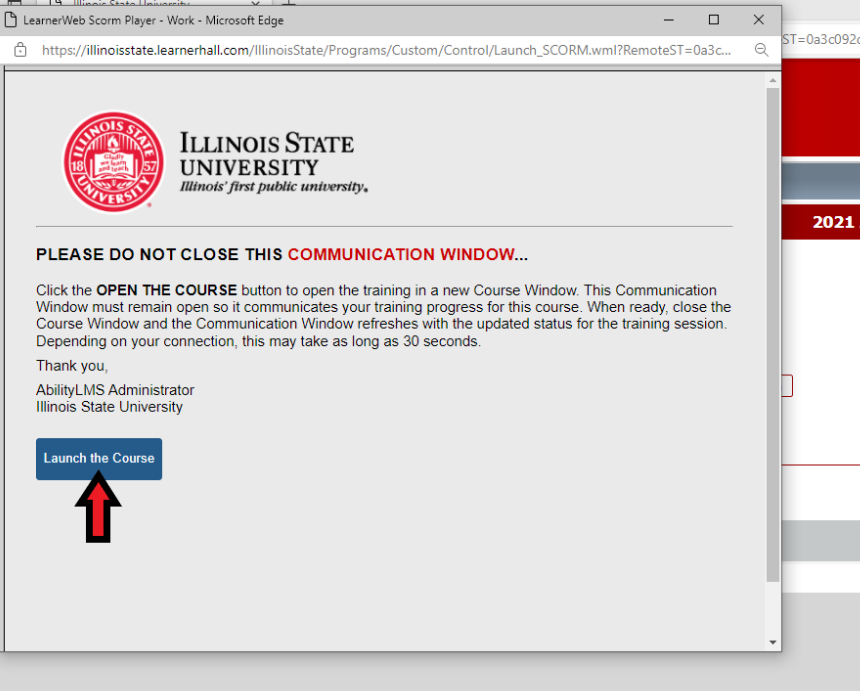 Screenshot depicting the Communication Window with the option to Launch the Course