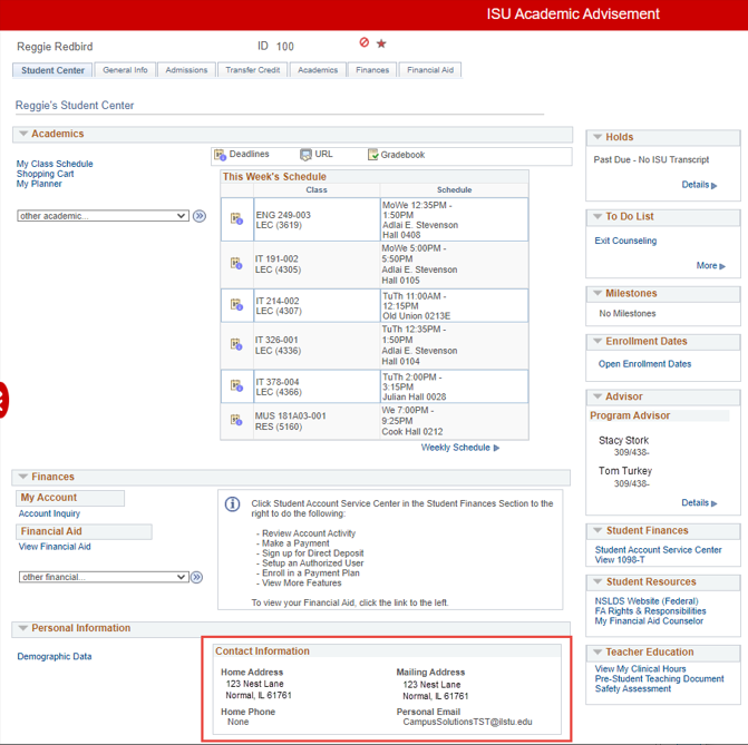 Image of Student Center with Contact Information section highlighted