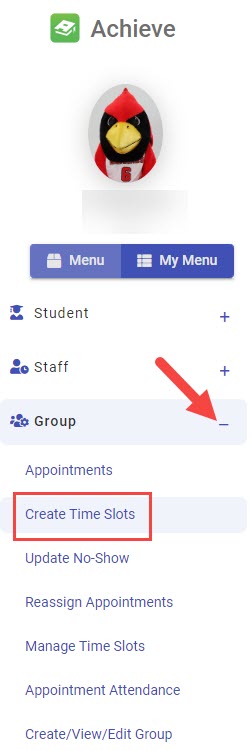 Group menu and Create Time Slots link