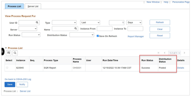 Image of Process List tab with Run Status and Distribution Status columns