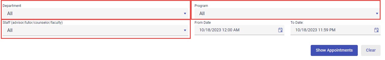 Image of Department, Program, and Staff dropdown menus