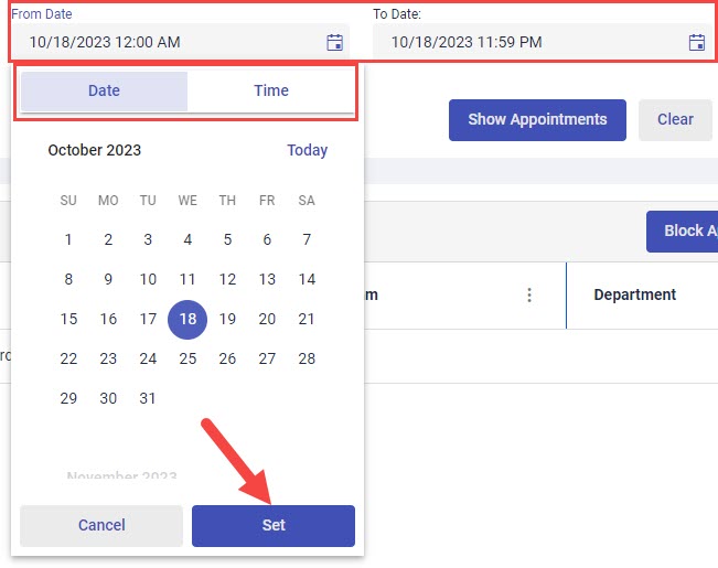 Image of From Date and To Date fields and Date and Time tabs