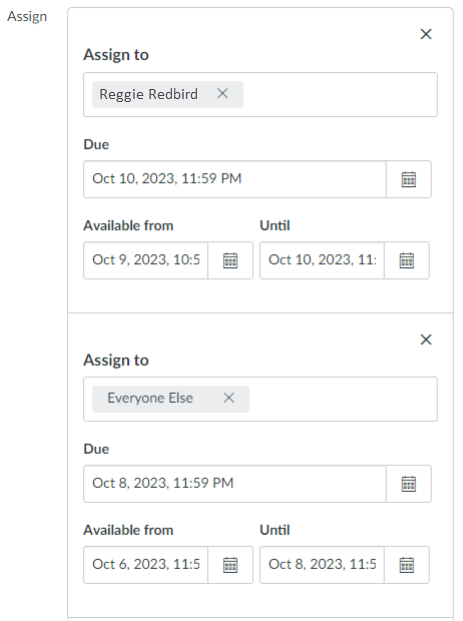 Assign to field with Reggie Redbird and his Due, Available from, and Until dates. A second Assign to field with Everyone Else is displayed with Due, Available from, and Until dates.