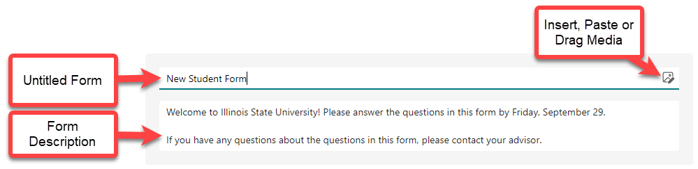 Image of Untitled Form and Form Description fields and Insert, Paste or Drag Media icon