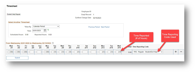 Sample Timesheet Sample Timesheet with hours recorded and Time Reporting Code selected