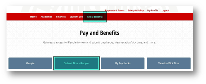 Pay and Benefits Screenshote of log in page for Pay and Benefits, with Submit Time circled