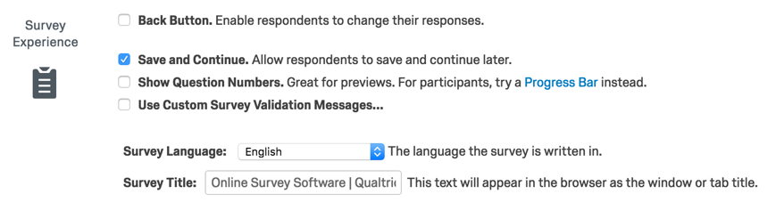 Screenshot depicting the Survey Experience pane, including the Survey Title field