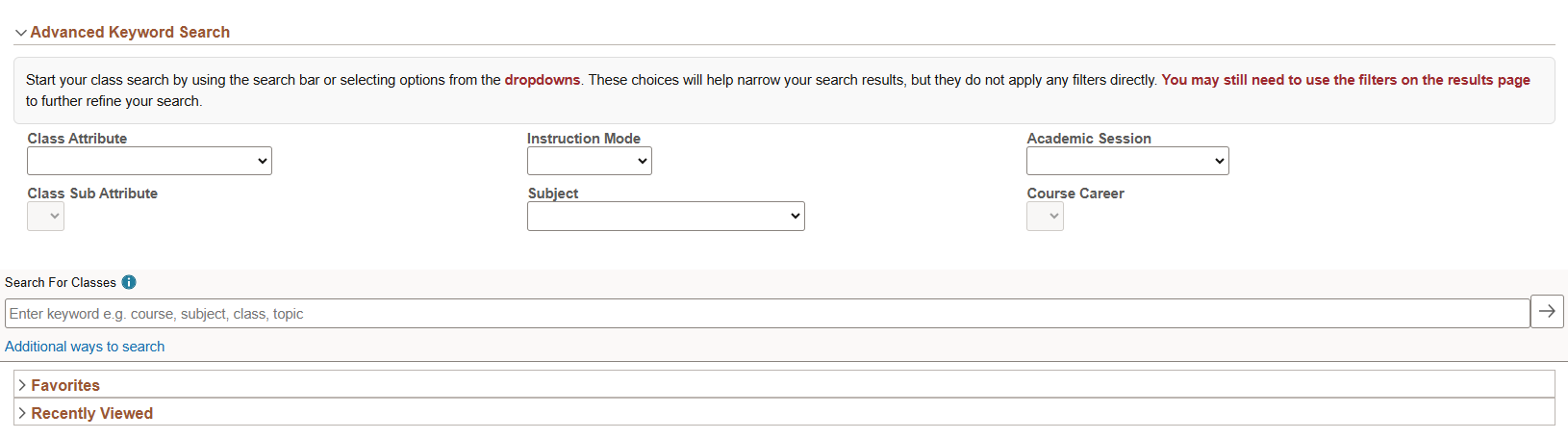 Search fields in Register for Classes page