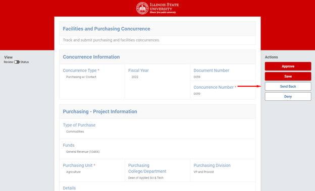 Screenshot depicting the Send Back button in a form within Kuali Build