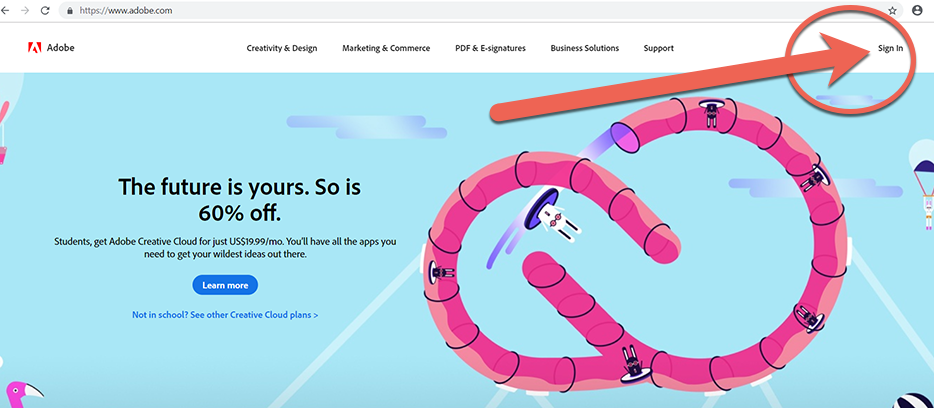 Screenshot of the Adobe.com home page with the Sign In link in the upper-right corner indicated