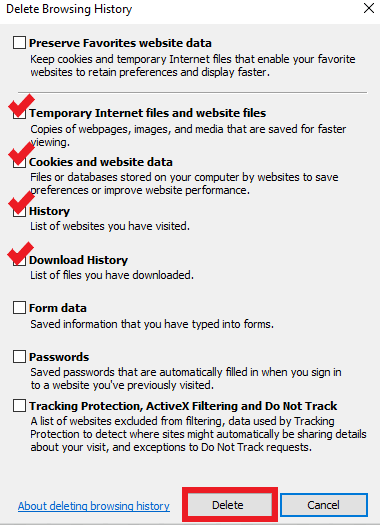 Internet Explorer options for clearing cache