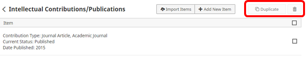 Screenshot depicting the location of the Duplicate and Delete buttons within a publication record