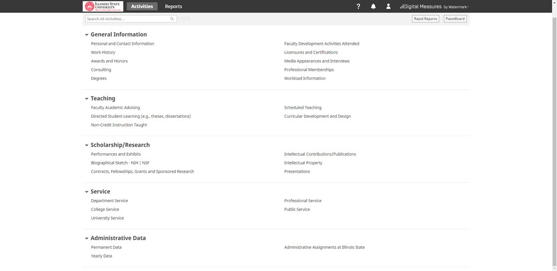 Screenshot depicting the Digital Measures homepage with Categories and Subcategories