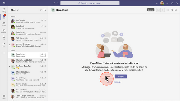 Image of Teams chat window with Block and Accept buttons 