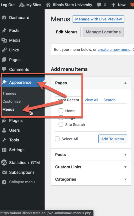 Screenshot depicting the Appearance and Menus options in the left-side menu on the Dashboard