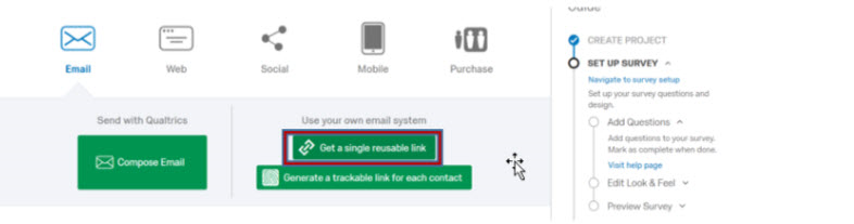 Screenshot depicting the Distributions options within Qualtrics Projects