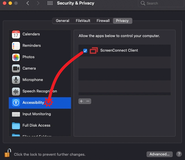 Accessibility option to allow ScreenConnect client