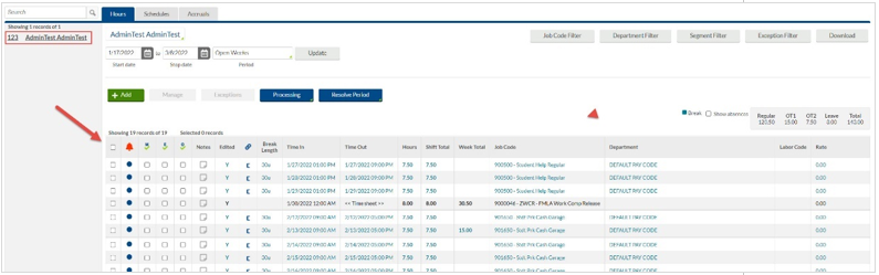 Example list of employee's clock in and clock out times